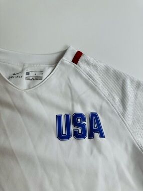 Nike White Athletic Top with Blue USA Lettering and Red Accent, size YL, NWOT